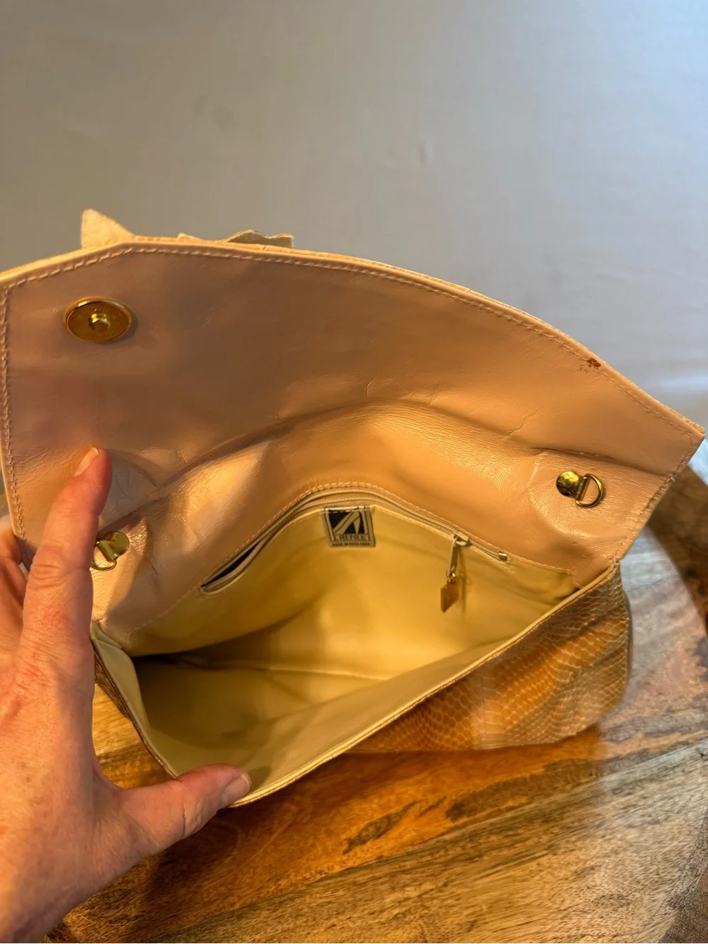 J Renee Snakeskin Clutch Tan Gold Floral Applique Y2K Evening Bag
